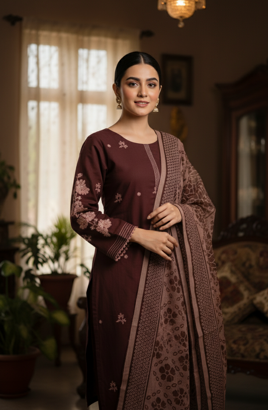 3 piece ready to wear embroidered cotton dress