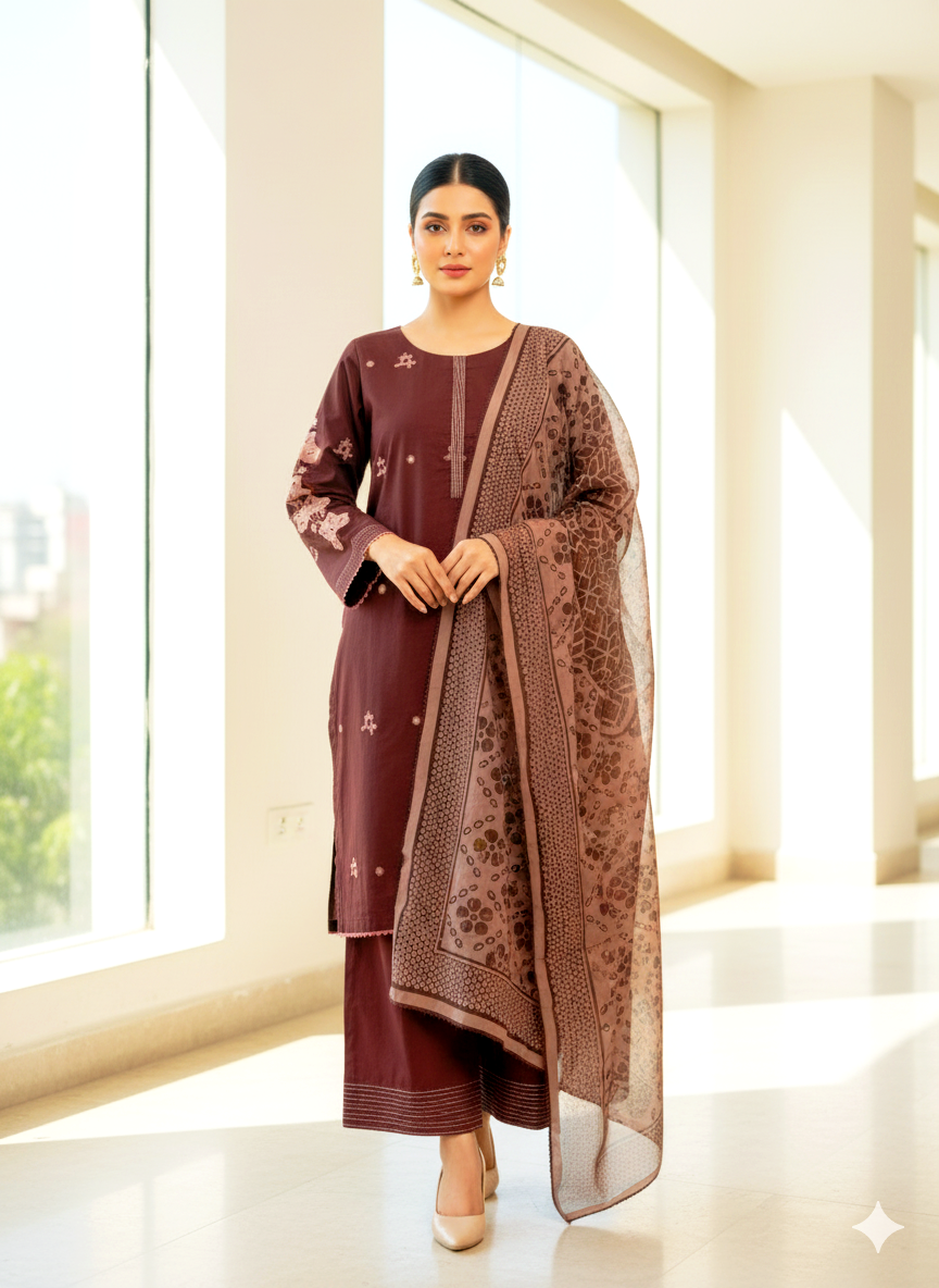 3 piece ready to wear embroidered cotton dress