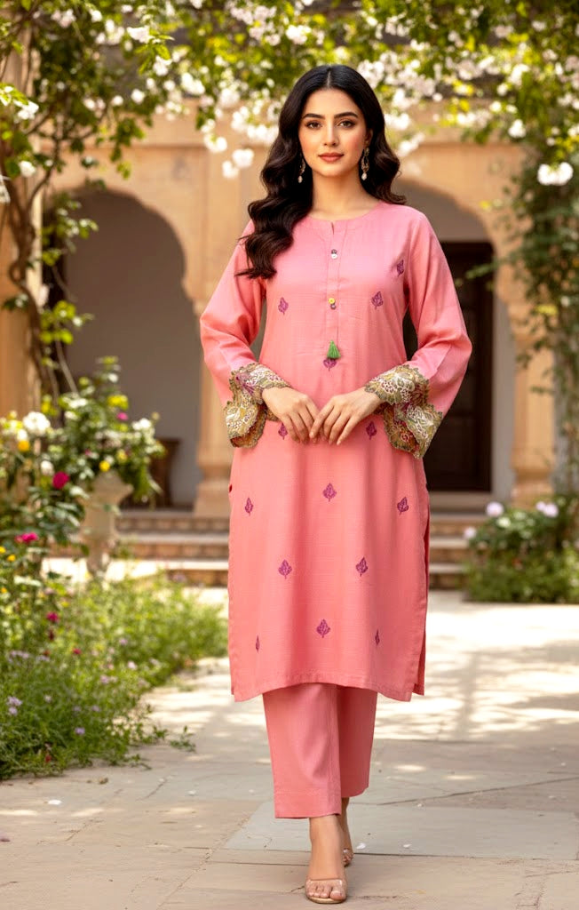 2 piece embroiderd peach wool ready to wear dress