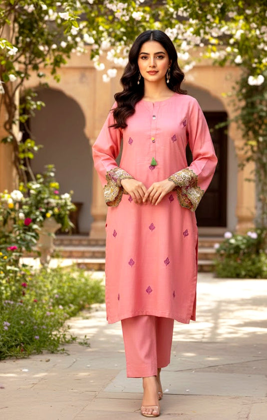 2 piece embroiderd peach wool ready to wear dress