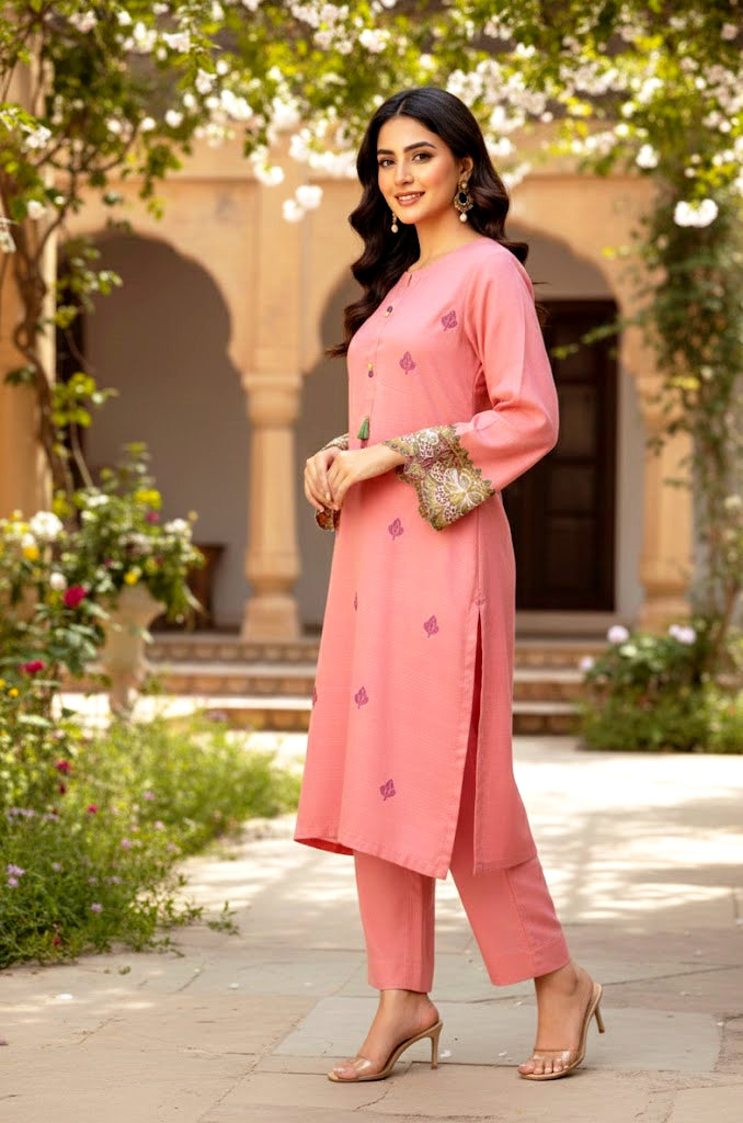 2 piece embroiderd peach wool ready to wear dress