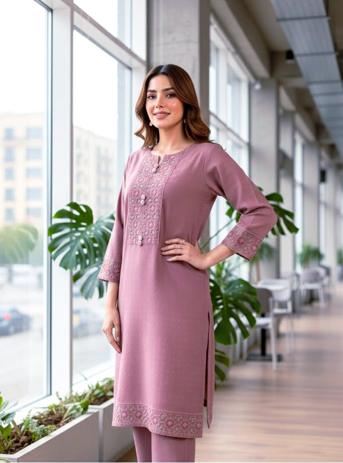 2 piece embroiderd self marina linen ready to wear dress