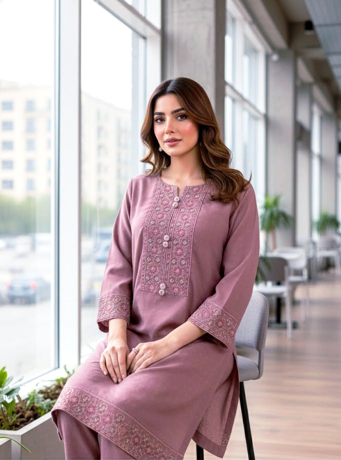 2 piece embroiderd self marina linen ready to wear dress