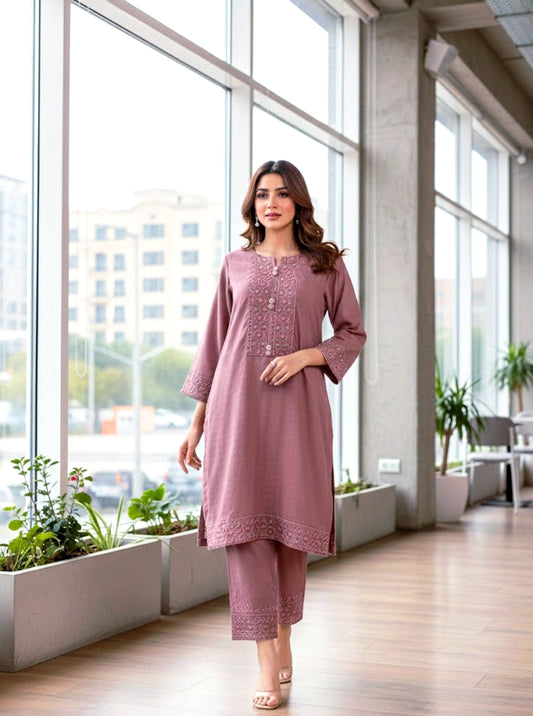 2 piece embroiderd self marina linen ready to wear dress