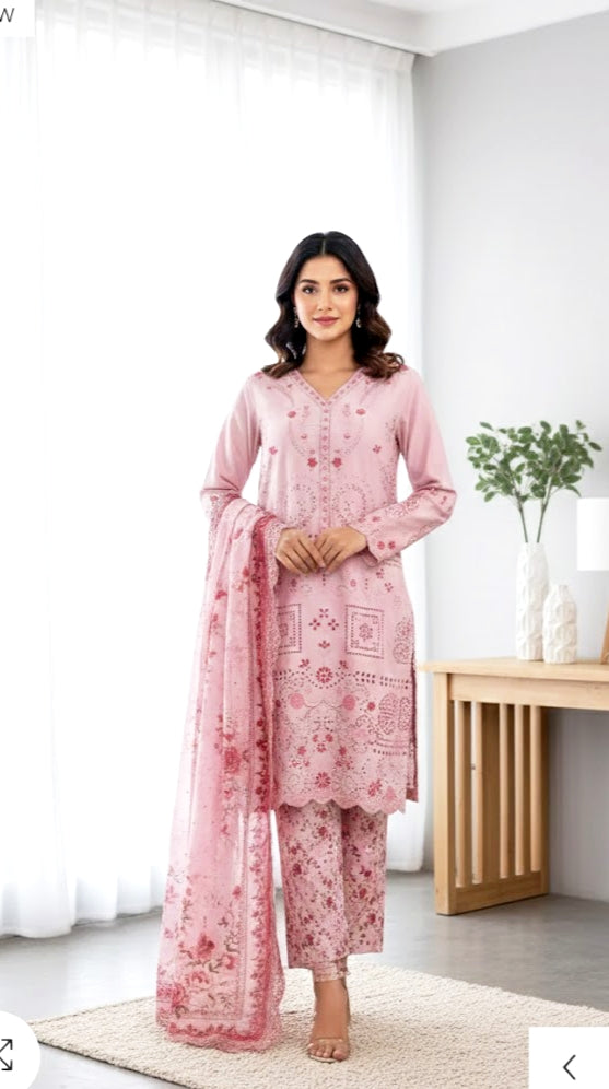 🌸 3 Piece Embroidered Lawn Luxury Suit – Soft Pink Elegance