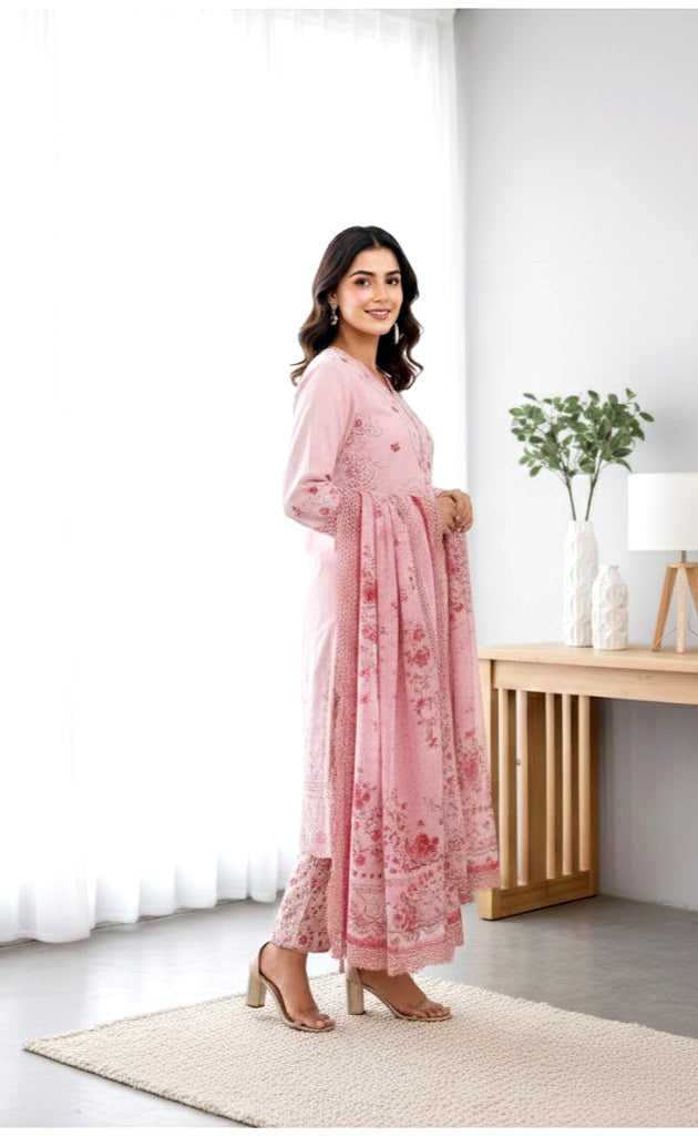 🌸 3 Piece Embroidered Lawn Luxury Suit – Soft Pink Elegance