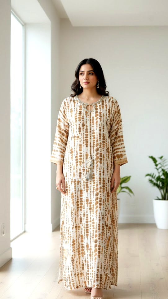Luxury Silk Full-Length Kaftan with Hand-Embellished Neckline