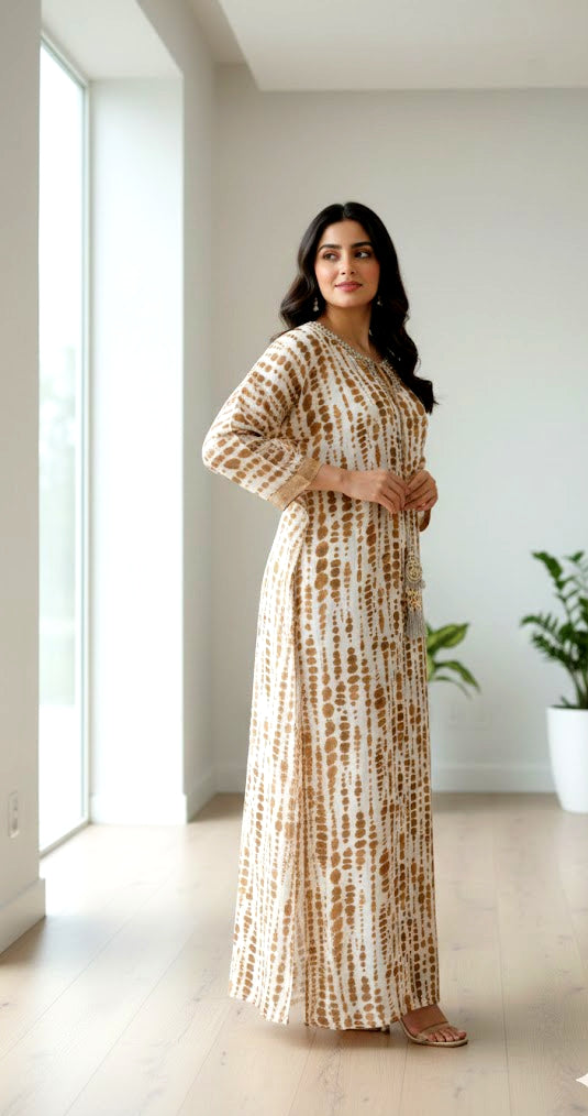 Luxury Silk Full-Length Kaftan with Hand-Embellished Neckline