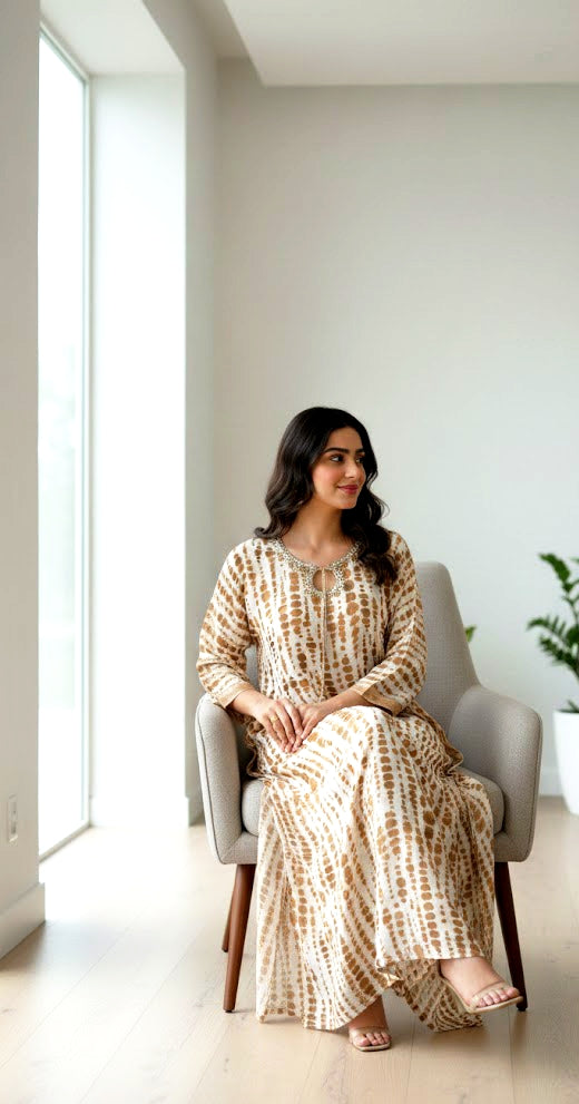 Luxury Silk Full-Length Kaftan with Hand-Embellished Neckline