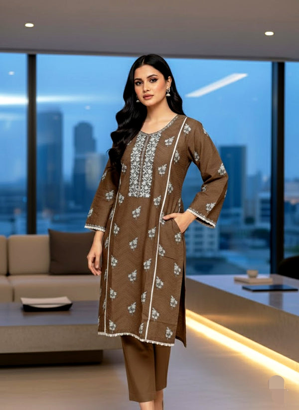 Self Print Lawn 2-Piece Ready to Wear Dress with Cross Stitch Embroidery